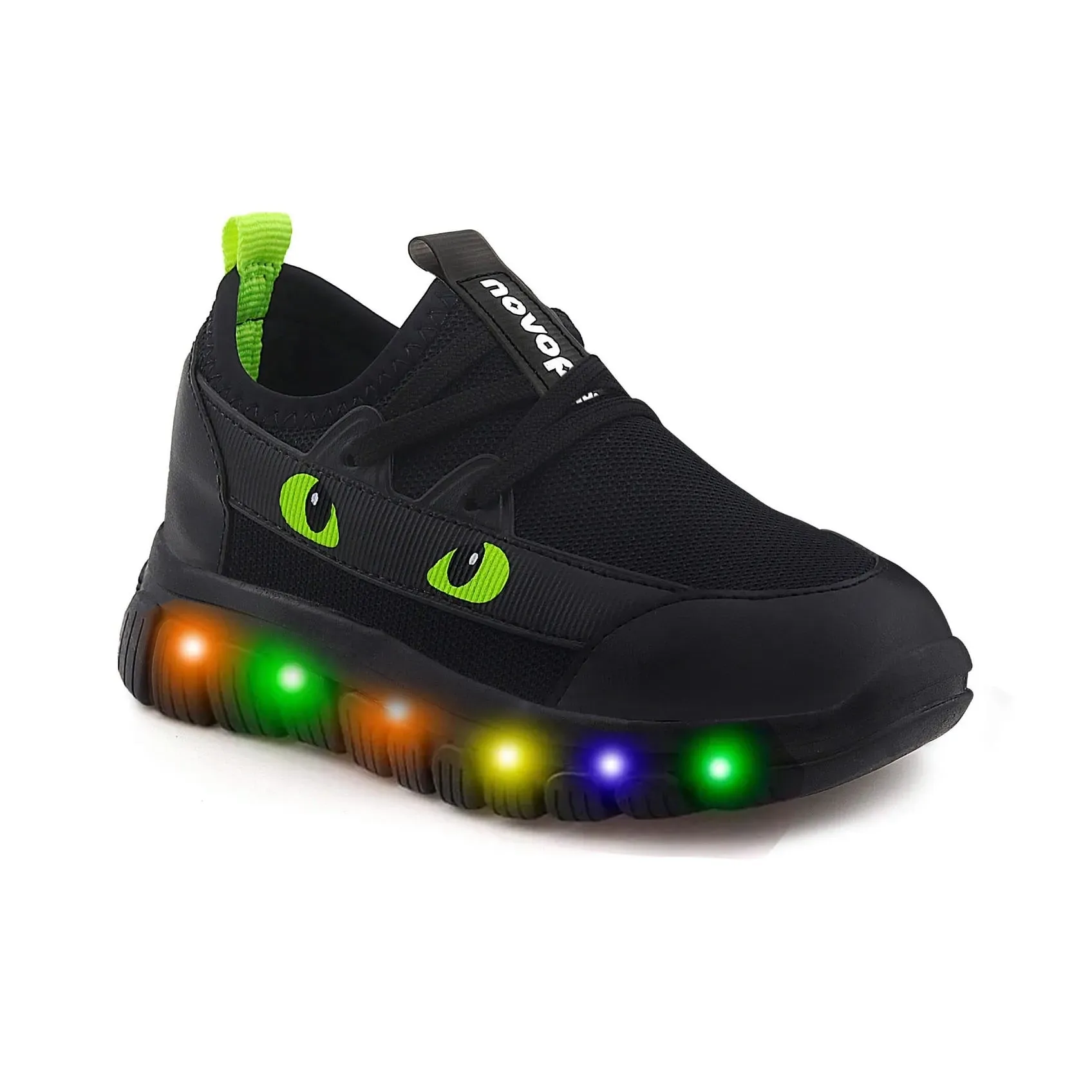 Tênis infantil Novopé LED preto com detalhes verdes vista superior